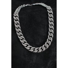 Shopwe Pirinç Zirkon Taşlı Cuba Gurmet Model Gümüş Renk Erkek Kolye