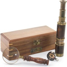 MiraLive Ahşap Kutu Pirinç Pusula, Dürbün, Büyüteç, Seti Model 2