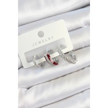 Shopwe Pirinç Zirkon Taşlı Bordo Pembe Halka Model Gümüş Renk 3'lü Çift Kadın Küpe Set