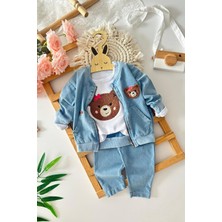 Miniğimin Cicileri Kız Bebek Ayıcık Panç Işleme Detaylı 3 Lü Yumuşak kotlu takım - Açık Mavi