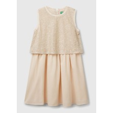 Benetton Kız Çocuk Ekru Bnt-G Pullu Elbise