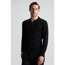 Hemington Merino Yün Ipek Karışım Polo Yaka Yarım Fermuarlı Siyah Triko