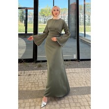 Tesettür Diyarı Kolu ve Beli Baget Taşlı Saten Abiye- Haki