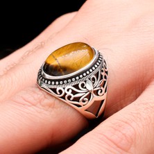 Mem Güney Silver Kaplangözü Taşlı Desenli 925 Ayar Erkek Gümüş Yüzük