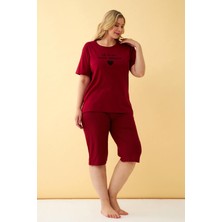 Akbeniz Kadın Bordo Kalp Desenli Büyük Beden Kapri Pijama Takımı
