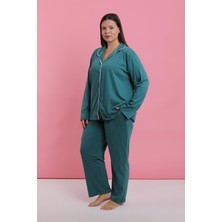 Akbeniz Kadın Büyük Beden Petrol Rengi Düğmeli Pijama Takımı