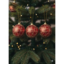 Dodomar 3 Adet Yılbaşı Ağacı Top Süsü (8 cm) - Kırmızı Simli ve Altın İple Sarılı Lüks Dekorasyon Seti (Random)