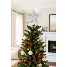 Dodomar Yılbaşı Ağaç Tepeliği (20 Cm) - Gümüş Simli ve Yıldız Dolgulu Büyük Boy Lüks Çam Ağacı Dekorasyonu