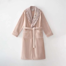 Ecocotton Zaira Kadın Bornoz %100 Organik Pamuk El Nakışlı Pudra