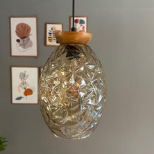 Bamyum Veltro Cam Bal Rengi Tekli Avize Tabak Ahşap Başlık Retro Sarkıt Lamba Salon Aydınlatma