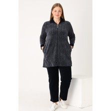 Intensive Collection Kadın Büyük Beden Lacivert Desenli Pamuklu Kadife Fermuarlı Uzun Kollu Cepli Alt Üst Eşofman Takımı