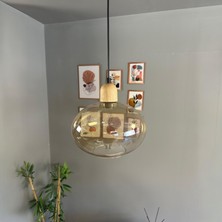 Bamyum Solvia Cam Bal Rengi Tekli Avize Kalın Ahşap Kafa Başlık Retro Sarkıt Lamba Salon Aydınlatma
