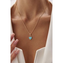 Yavuz Kuyumculuk 14 Ayar Altın Yuvarlak Balık Sırtı Mavi Kalp Kolye