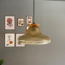 Bamyum Stark Cam Bal Rengi Tekli Avize Tabak Ahşap Başlık Retro Sarkıt Lamba Salon Aydınlatma