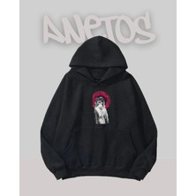 Anetos Heykel Pembe Yazılı Tasarım Siyah Ön Baskılı Sweatshirt