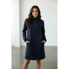 Lyvean Üç Iplik Şardonlu Oversize Düğmeli  Penye Elbise