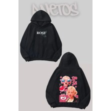 Anetos Blackpink Rose 7 Tasarım Siyah Ön Arka Baskılı Sweatshirt