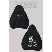 Anetos Lady Gaga 6 Tasarım Siyah Ön Arka Baskılı Sweatshirt