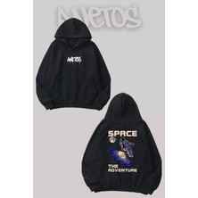 Anetos Space The Adventure Sırt Baskılı Siyah Kapüşonlu Sweatshirt