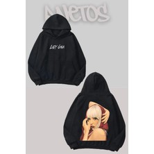 Anetos Lady Gaga 4 Tasarım Siyah Ön Arka Baskılı Sweatshirt