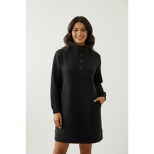 Lyvean Üç Iplik Şardonlu Oversize Düğmeli  Penye Elbise