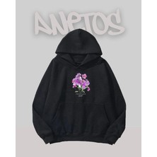 Anetos Mor Cicek 5 Tasarım Siyah Ön Baskılı Sweatshirt