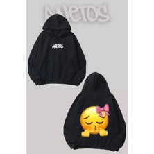 Anetos Uwu Emoji Sırt Baskılı Siyah Kapüşonlu Sweatshirt