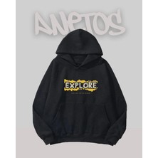 Anetos Explore Tasarım Siyah Ön Baskılı Sweatshirt