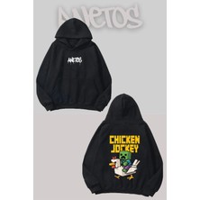 Anetos Chicken Zombie Sırt Baskılı Siyah Kapüşonlu Sweatshirt