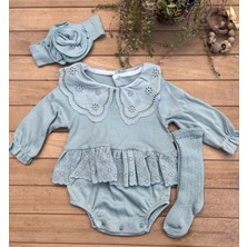 Cayzen Mammaso Kız Bebek Fistolu 3 Parça Romper Çoraplı Bandanalı Yenidoğan Tulum Body - Mint