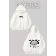 Anetos Müzik Dinleyen Yavru Kedi Sırt Baskılı Beyaz Kapüşonlu Sweatshirt