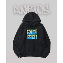 Anetos Power Gırl Mavı Tasarım Siyah Ön Baskılı Sweatshirt
