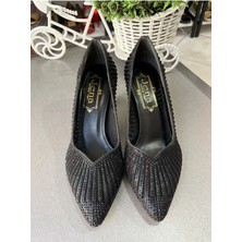 Jena Altın Taş Detaylı Kadın Abiye Ayakkabısı-Nefes Alan Doku-5 cm Kalın Kadeh Topuk Boy Çok Rahat Kullan