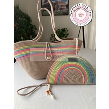 Bailey 2li Takım Plaj Çantası , El Çantası Clutch, Totebag, Kadın Çanta, Yazlık, Hediyelik, hasır Jüt Tress
