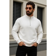 Damga Erkek Trend Kışlık Beyaz Fermuarlı Sweatshirt