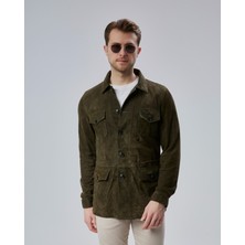 Kende Erkek Safari Düğmeli Hakiki Deri Haki Yeşilsüet Ceket