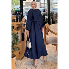 Tesettür Diyarı Kadın Trikoton Kumaş Düğmeli Düz Tesettür Takım- Lacivert