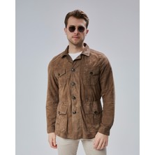 Kende Erkek Safari Düğmeli Hakiki Deri Sütlü Kahve Süet Ceket