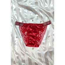 Papatya Kırmızı Yanları Taşlı Kadife Arka Dantel Detaylı Külot