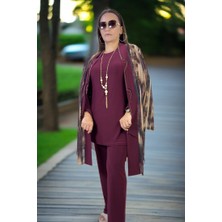 Yagmur Beren  Taş Işlemeli Şal Yaka Kesim Şifon Ceket Bisiklet Yaka Kısa Kol Bluz Beli Lastikli Pantolon 3lü Takım