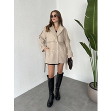 Asfa Moda Krem Kruvaze Oversize Astarlı Cepli Kuşaklı Kaşe Mont Kaban