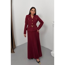 Spirituel Kadın Ikili Alt Üst Takım Şık Kemerli Cep ve Düğme Detaylı Kısa Blazer Ceket Piliseli Uzun Etek Takım