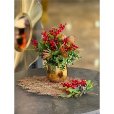 TASARIMHMODA Yapay Kırmızı Kokinalı Gold Vazo + Gold Yaprak Supla