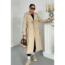 Spirituel Kadın Kaban Uzun Kaşe  Kuşaklı Düğmeli Cepli Kruvaze Premium Kaban