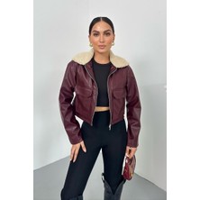 Spirituel Kadın Crop Ceket Suni Deri Yakası Kürklü Fermuarlı Çift Cepli Kısa Deri Mont