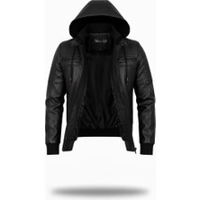 Mero Life Erkek Siyah Dar Kesim Kapüşonlu Bel Lastikli Ribanalı Deri Ceket & Mont
