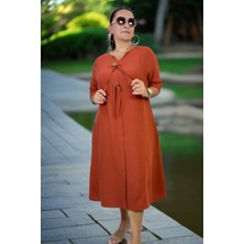 YAĞMURBEREN Yagmur Beren  Halka Detay Yandan Cepli Boydan Tek Pile Kısa Kol Pamuklu Viskon Büyük Beden Elbise