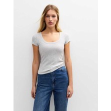 Rooted Kadın Ekru Kare Yaka T-Shirt & Bluz , Likralı Fitilli Kaşkorse Kumaş