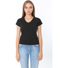 Rooted Kadın V Yaka Basıc T-Shırt % 100 Cotton