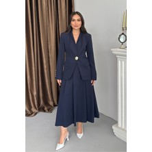 Spirituel Kadın Ikili Takım Şık Düğme Detaylı Dik Yaka Blazer Ceket Uzun Etek Takım